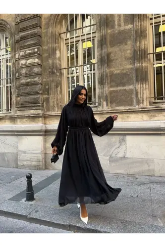 Long Sleeve Midi Chiffon Dress-black - 1