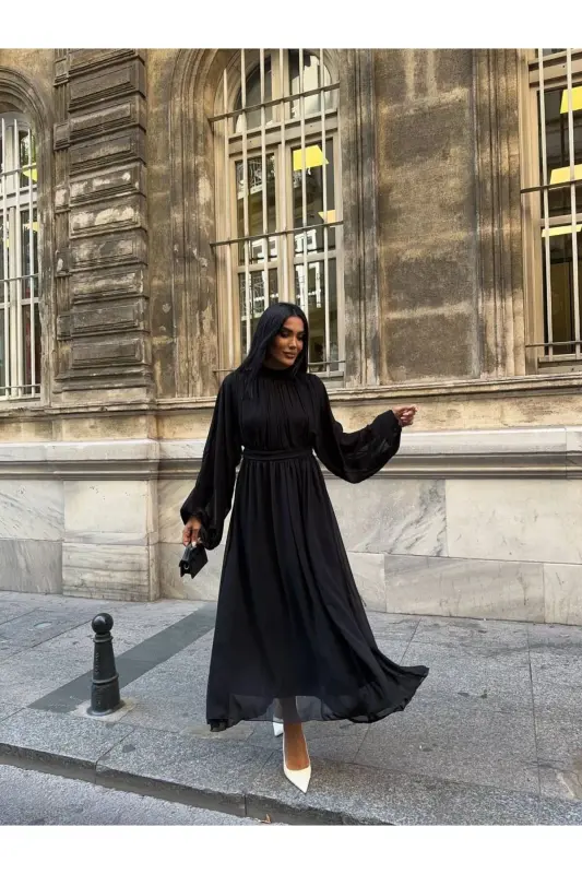 Long Sleeve Midi Chiffon Dress-black - 1