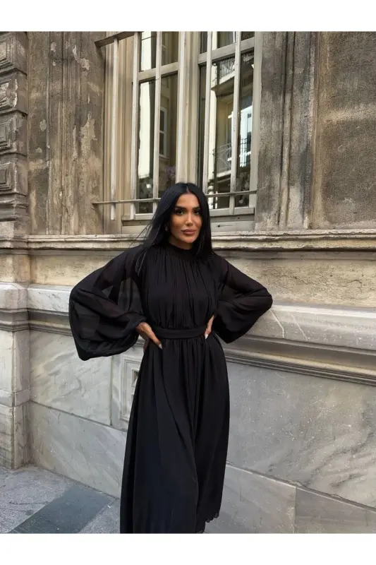 Long Sleeve Midi Chiffon Dress-black - 2