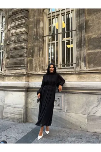 Long Sleeve Midi Chiffon Dress-black - 3