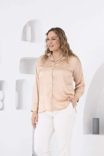 Long Sleeve Plus Size Cream Satin Shirt - BÜYÜKBEDENIZ (1)