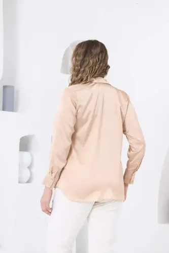 Long Sleeve Plus Size Cream Satin Shirt - 5