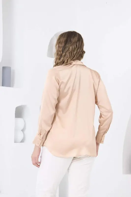 Long Sleeve Plus Size Cream Satin Shirt - 5