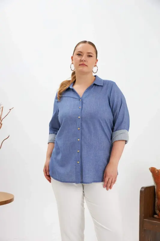 Long Sleeve Plus Size Shirt Indigo - 1