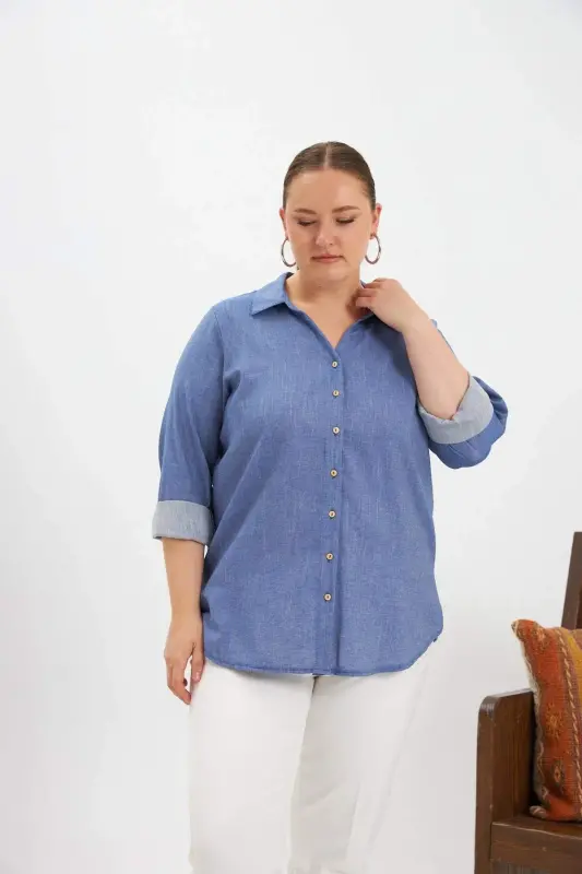 Long Sleeve Plus Size Shirt Indigo - 3