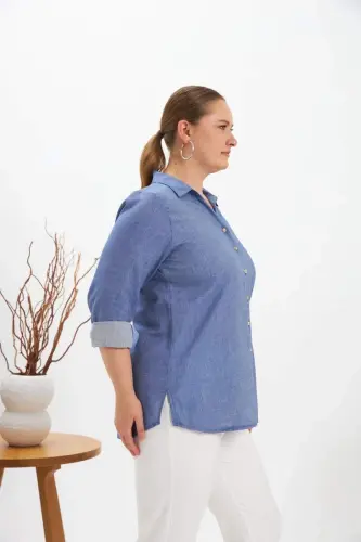 Long Sleeve Plus Size Shirt Indigo - BÜYÜKBEDENIZ (1)