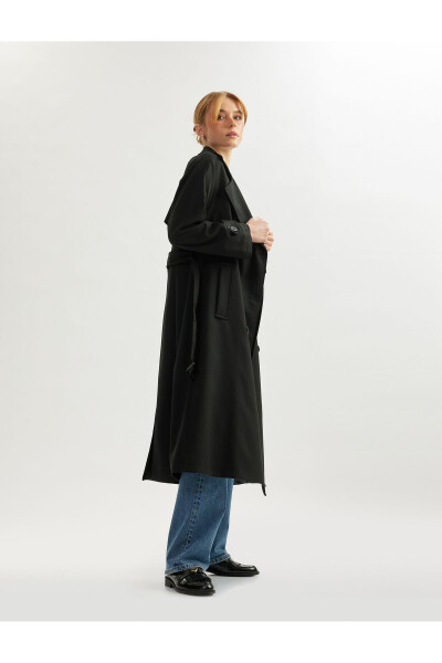 Long Sleeve Pockets Gabardine Fabric Crossover Belt Long Trench Coat - 1