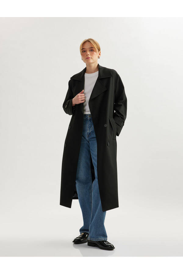 Long Sleeve Pockets Gabardine Fabric Crossover Belt Long Trench Coat - 2