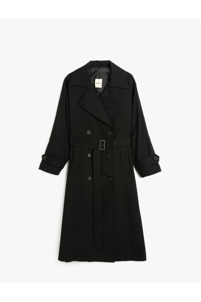 Long Sleeve Pockets Gabardine Fabric Crossover Belt Long Trench Coat - 3