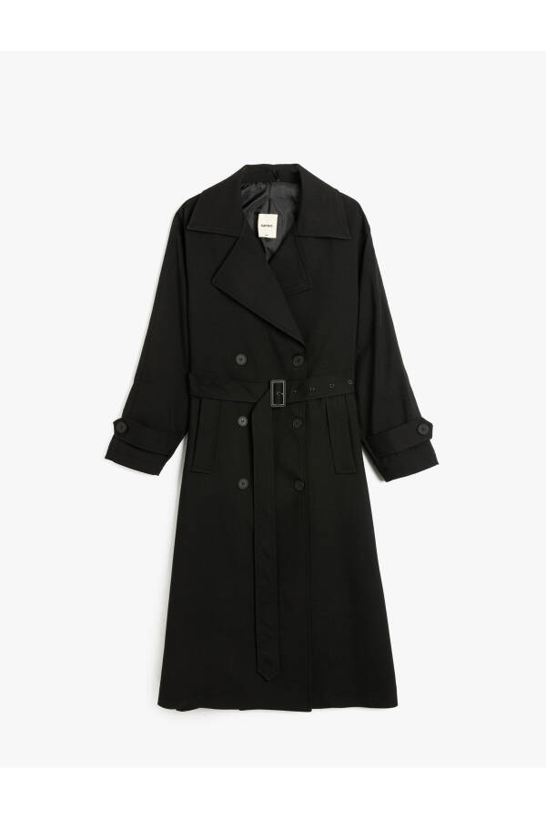 Long Sleeve Pockets Gabardine Fabric Crossover Belt Long Trench Coat - 3