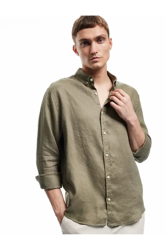 Long Sleeve Regular Fit Button-Down Collar Classic Linen G - KOTON