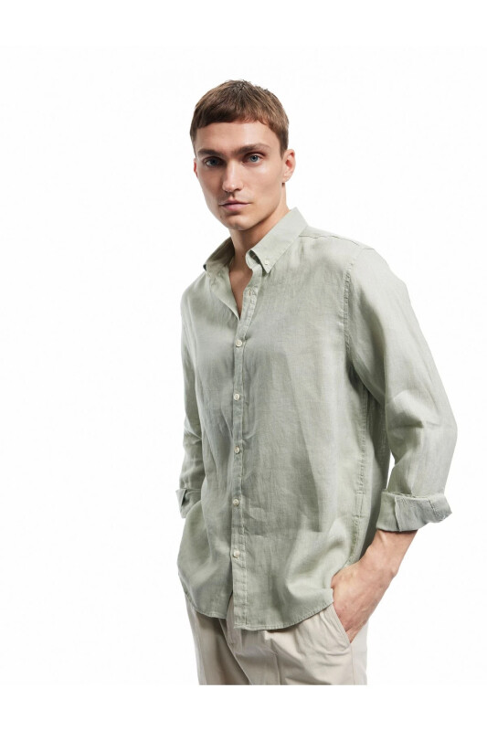 Long Sleeve Regular Fit Button-Down Collar Classic Linen G - 1