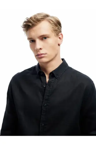 Long Sleeve Regular Fit Button-Down Collar Classic Linen Sh - 1