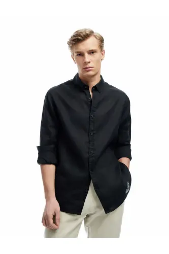 Long Sleeve Regular Fit Button-Down Collar Classic Linen Sh - 3