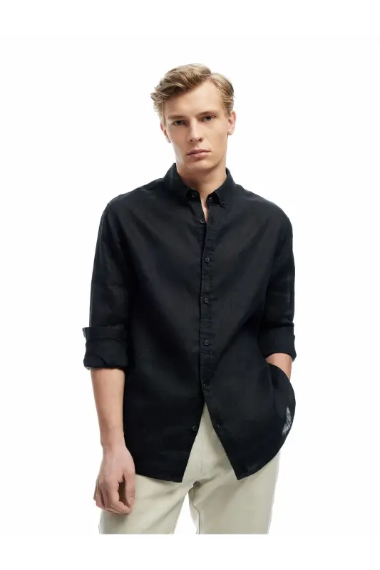 Long Sleeve Regular Fit Button-Down Collar Classic Linen Sh - 3