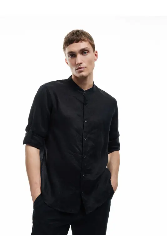 Long Sleeve Regular Fit Mandarin Collar Linen Shirt-Blac - 1