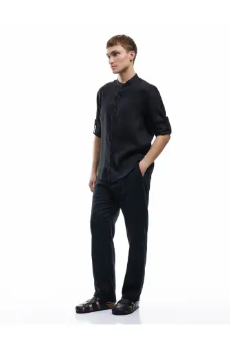 Long Sleeve Regular Fit Mandarin Collar Linen Shirt-Blac - KOTON (1)