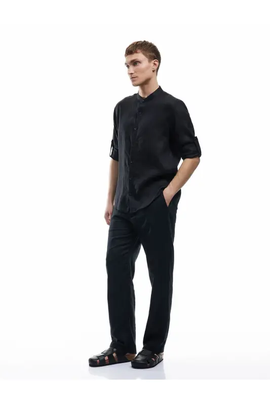 Long Sleeve Regular Fit Mandarin Collar Linen Shirt-Blac - 2