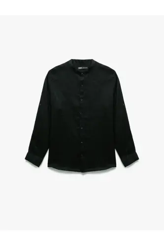 Long Sleeve Regular Fit Mandarin Collar Linen Shirt-Blac - 3
