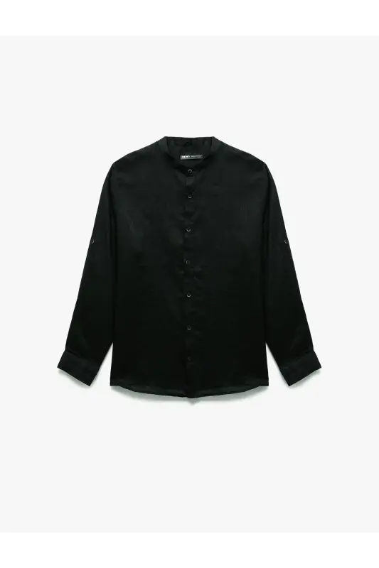 Long Sleeve Regular Fit Mandarin Collar Linen Shirt-Blac - 3