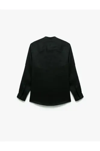 Long Sleeve Regular Fit Mandarin Collar Linen Shirt-Blac - 4
