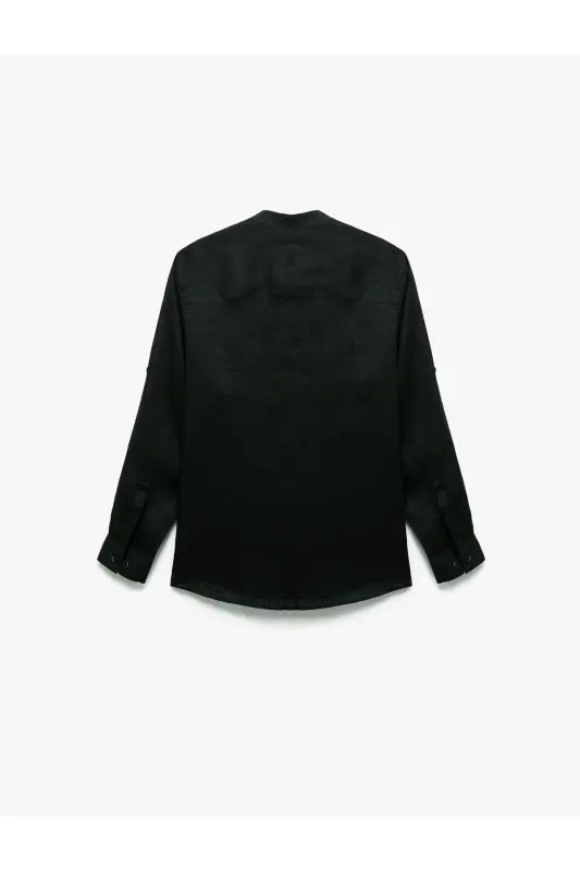 Long Sleeve Regular Fit Mandarin Collar Linen Shirt-Blac - 4