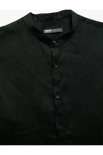 Long Sleeve Regular Fit Mandarin Collar Linen Shirt-Blac - 5