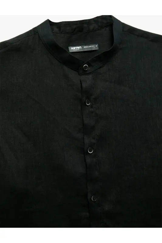 Long Sleeve Regular Fit Mandarin Collar Linen Shirt-Blac - 5