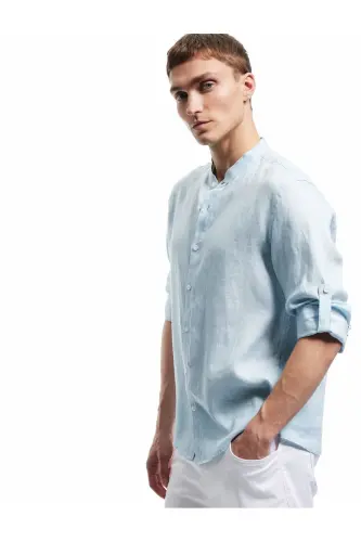 Long Sleeve Regular Fit Mandarin Collar Linen Shirt-Blue - 1