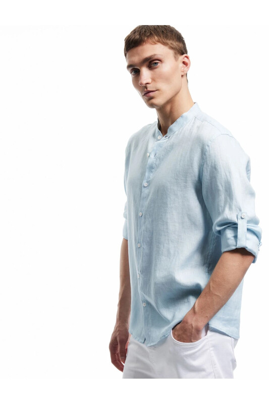 Long Sleeve Regular Fit Mandarin Collar Linen Shirt-Blue - 1