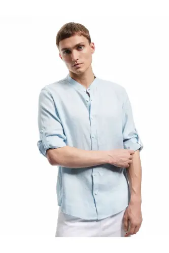 Long Sleeve Regular Fit Mandarin Collar Linen Shirt-Blue - KOTON (1)