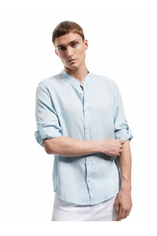Long Sleeve Regular Fit Mandarin Collar Linen Shirt-Blue - 2