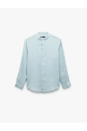 Long Sleeve Regular Fit Mandarin Collar Linen Shirt-Blue - 3
