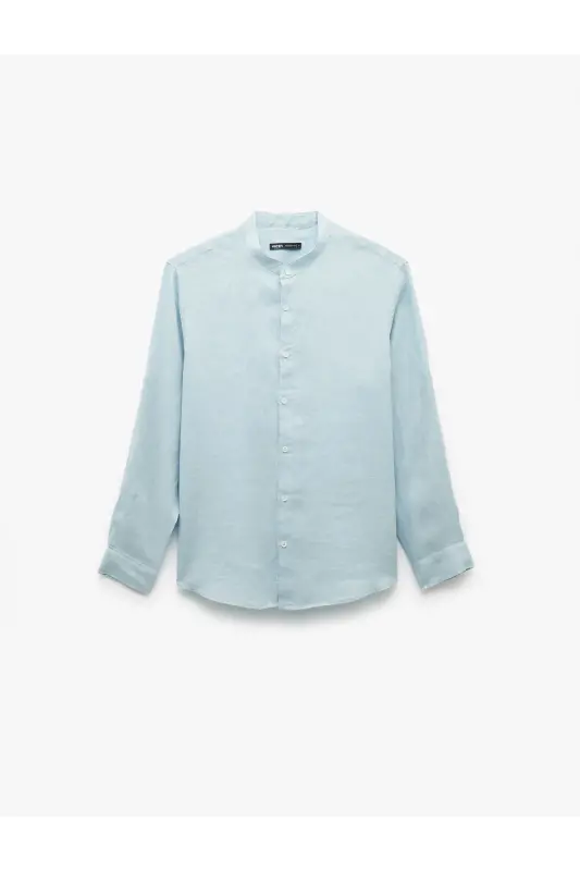 Long Sleeve Regular Fit Mandarin Collar Linen Shirt-Blue - 3