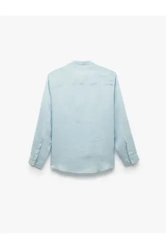 Long Sleeve Regular Fit Mandarin Collar Linen Shirt-Blue - 4