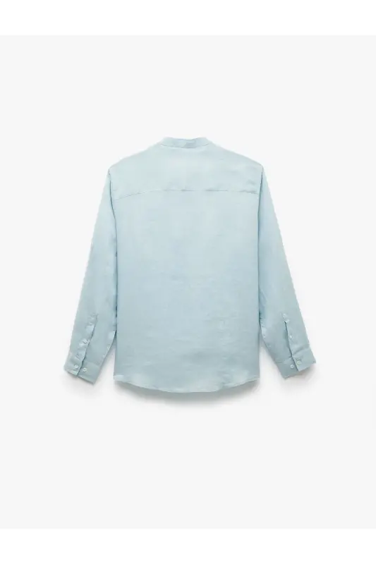Long Sleeve Regular Fit Mandarin Collar Linen Shirt-Blue - 4
