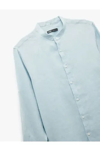 Long Sleeve Regular Fit Mandarin Collar Linen Shirt-Blue - 5