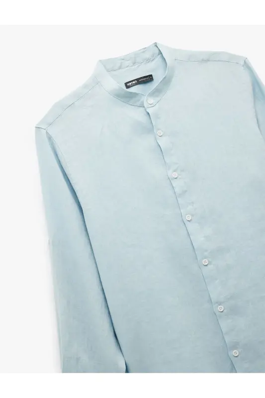 Long Sleeve Regular Fit Mandarin Collar Linen Shirt-Blue - 5