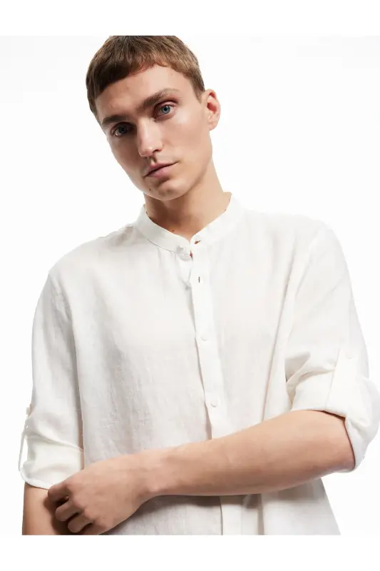 Long Sleeve Regular Fit Mandarin Collar Linen Shirt-White - KOTON