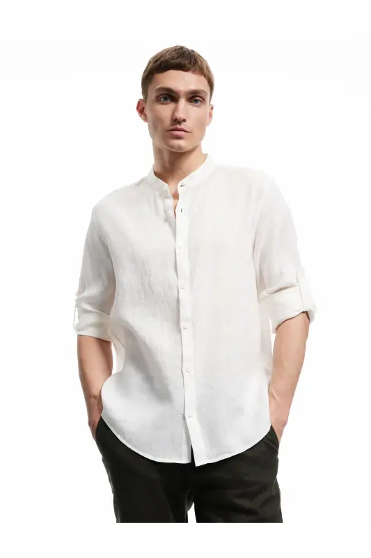 Long Sleeve Regular Fit Mandarin Collar Linen Shirt-White - 2