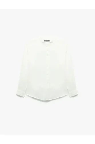 Long Sleeve Regular Fit Mandarin Collar Linen Shirt-White - 3