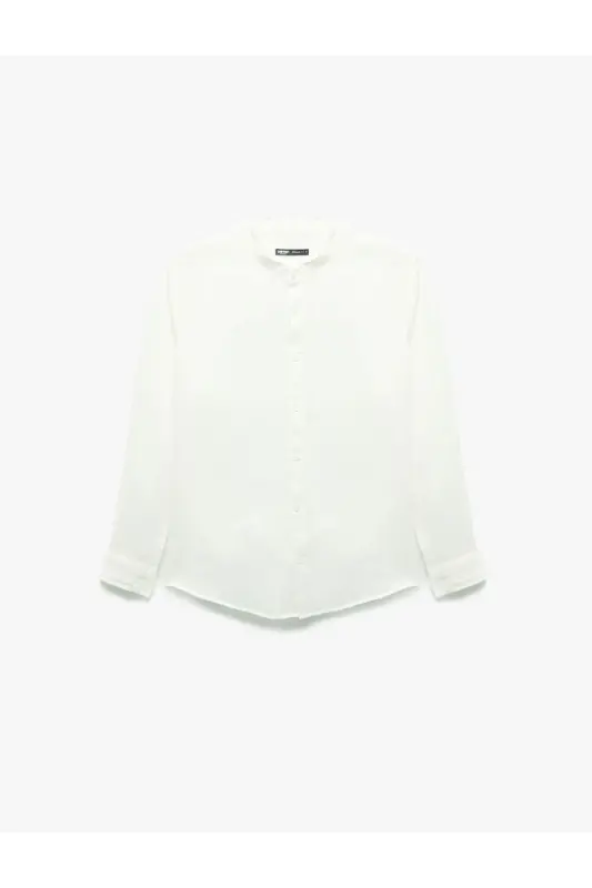 Long Sleeve Regular Fit Mandarin Collar Linen Shirt-White - 3
