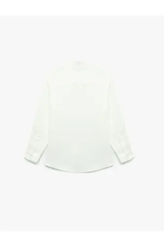 Long Sleeve Regular Fit Mandarin Collar Linen Shirt-White - 4