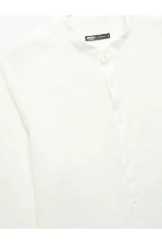 Long Sleeve Regular Fit Mandarin Collar Linen Shirt-White - 5