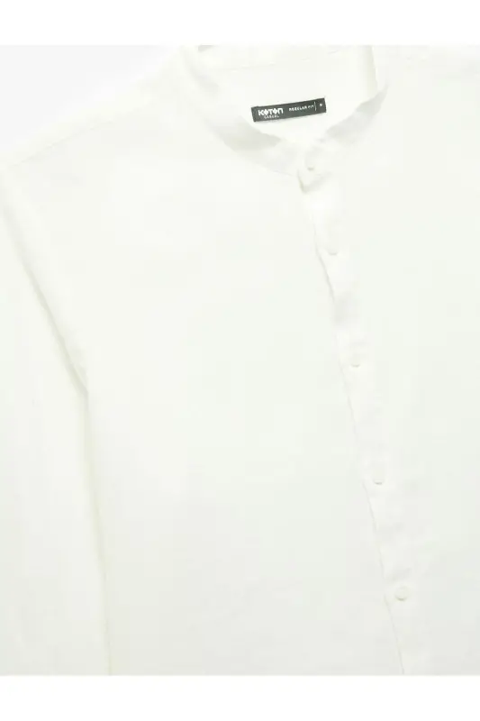 Long Sleeve Regular Fit Mandarin Collar Linen Shirt-White - 5