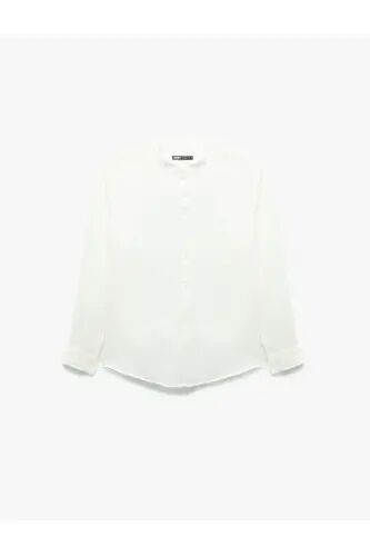 Long Sleeve Regular Fit Mandarin Collar Linen Shirt - White - 3