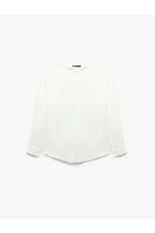 Long Sleeve Regular Fit Mandarin Collar Linen Shirt - White - 3