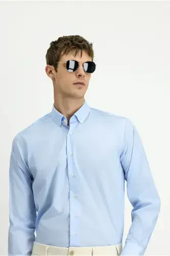 Long Sleeve Regular Fit Non Iron Cotton Button-Down Collar Shirt-Light Blue - 3