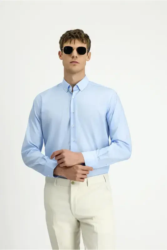 Long Sleeve Regular Fit Non Iron Cotton Button-Down Collar Shirt-Light Blue - 4