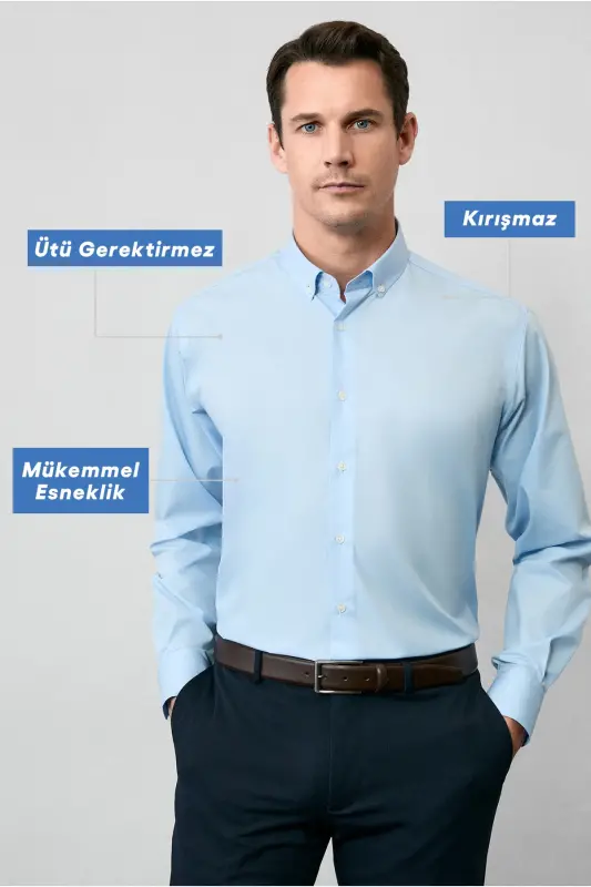 Long Sleeve Regular Fit Non Iron Cotton Button-Down Collar Shirt-Light Blue - 1